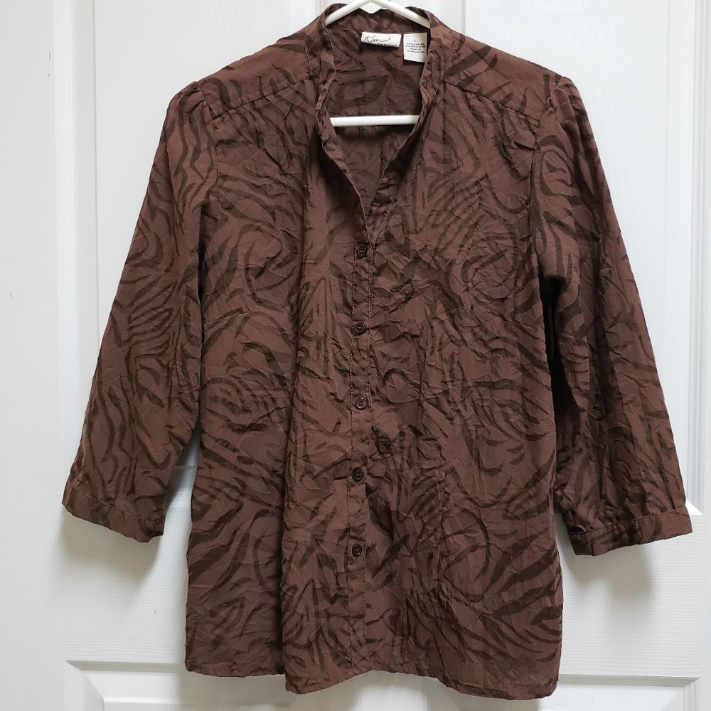 Kim Rogers Women's L Brown V Neck Button Front 3/4 Sleeve Animal Print Top